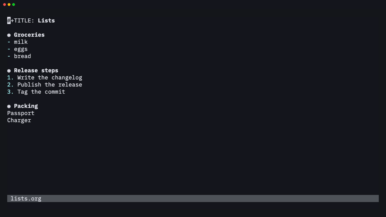 Cycling bullet styles, adding and indenting items, moving a numbered item, turning lines into a list and adding a checkbox