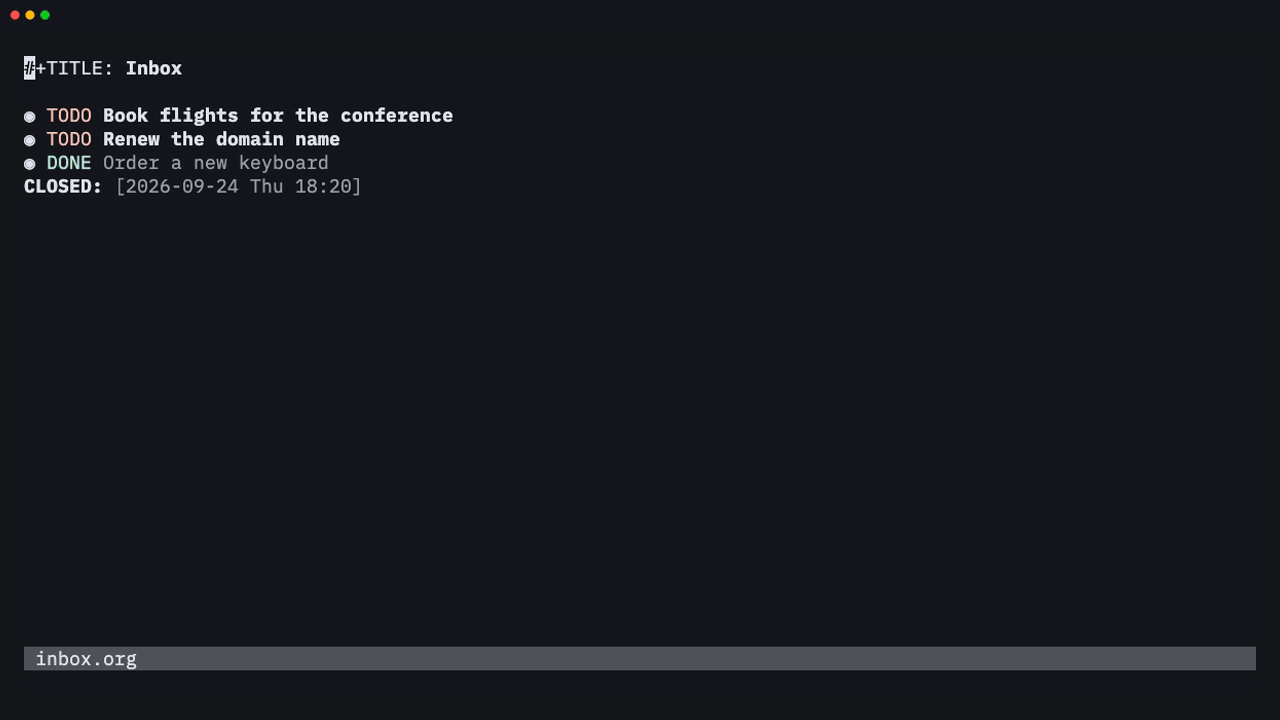 Refiling an inbox task into work.org/Projects and archiving a DONE task