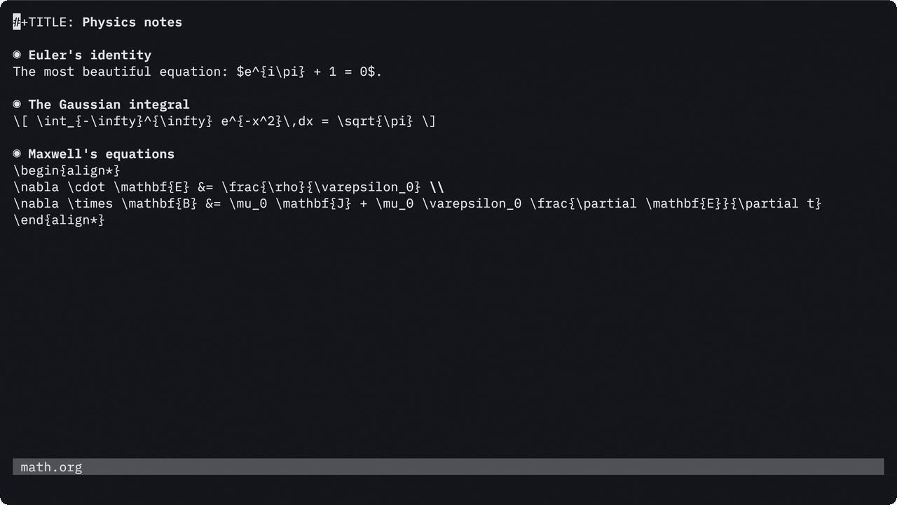 Rendering an inline formula, a displayed integral and an align environment, then hiding one