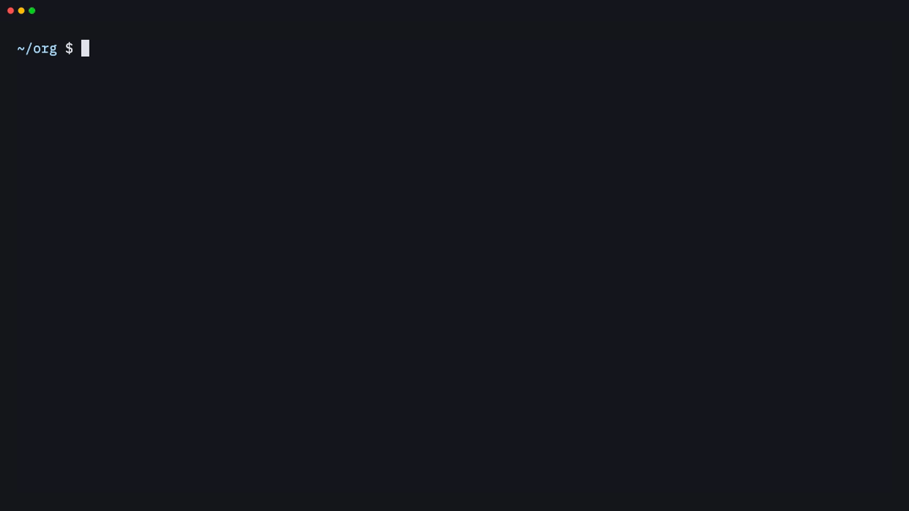 The org command line: the day agenda as text, the agenda as JSON through jq, capturing a task into the inbox, and clocking in, checking the clock for a status line and clocking out