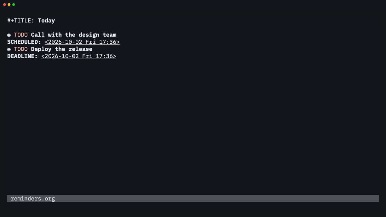 Reminders for a scheduled call and a deadline, then the same entries in the agenda