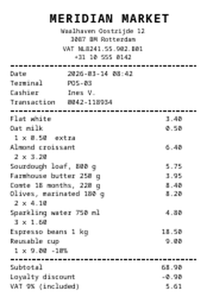 A narrow point-of-sale receipt in a monospaced font