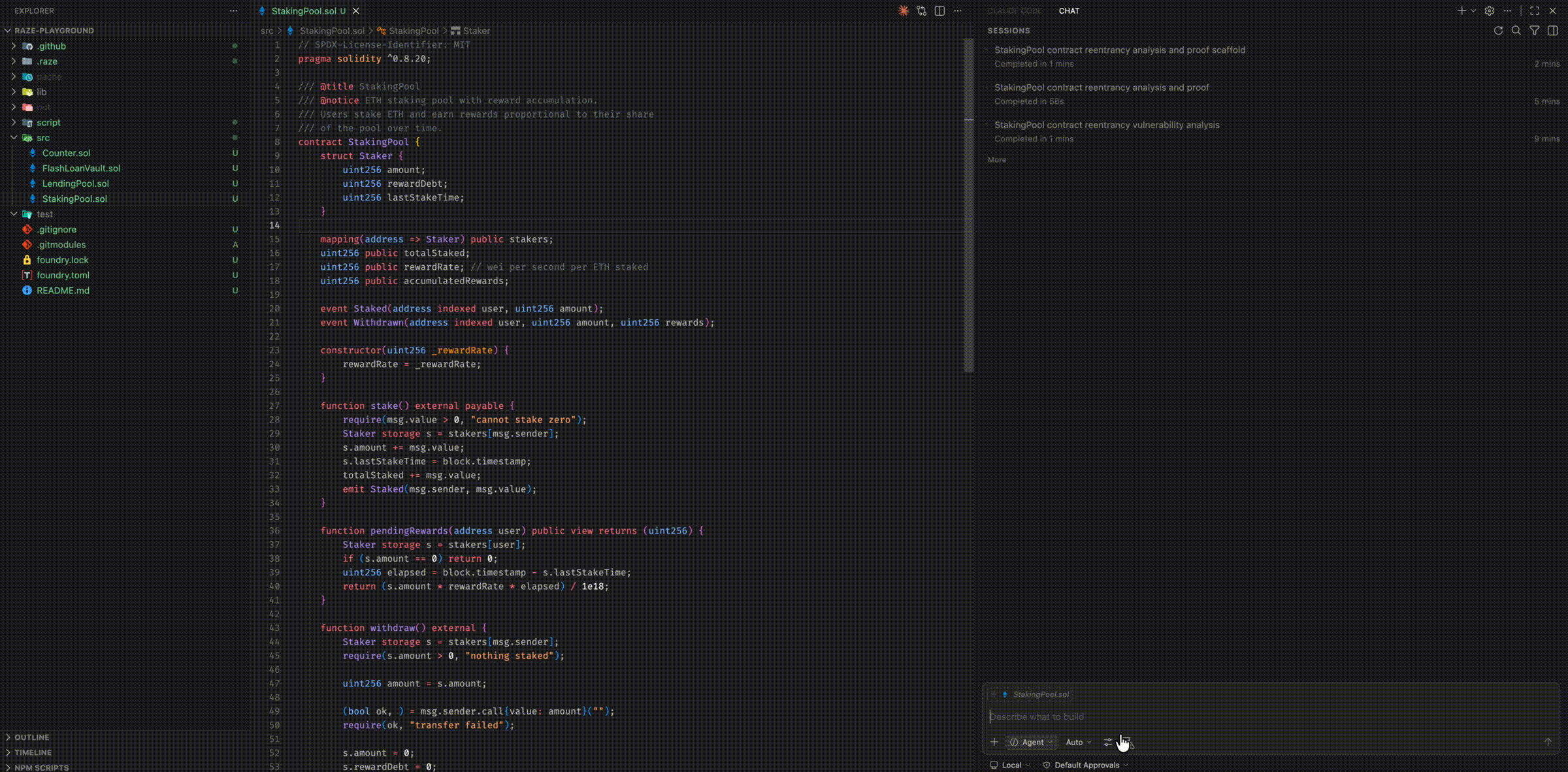 Raze demo — MCP flow detecting reentrancy in a StakingPool contract