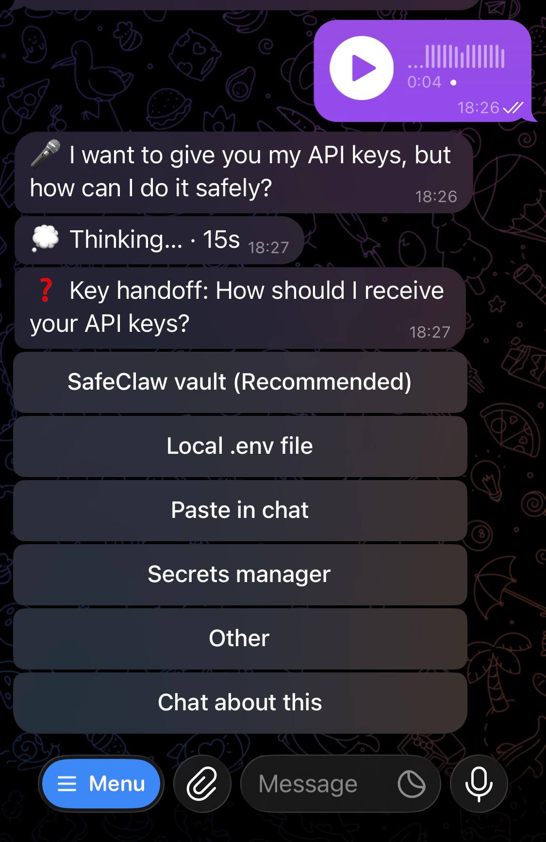 A voice message becomes a transcript, live status, and Claude's clarifying question as buttons