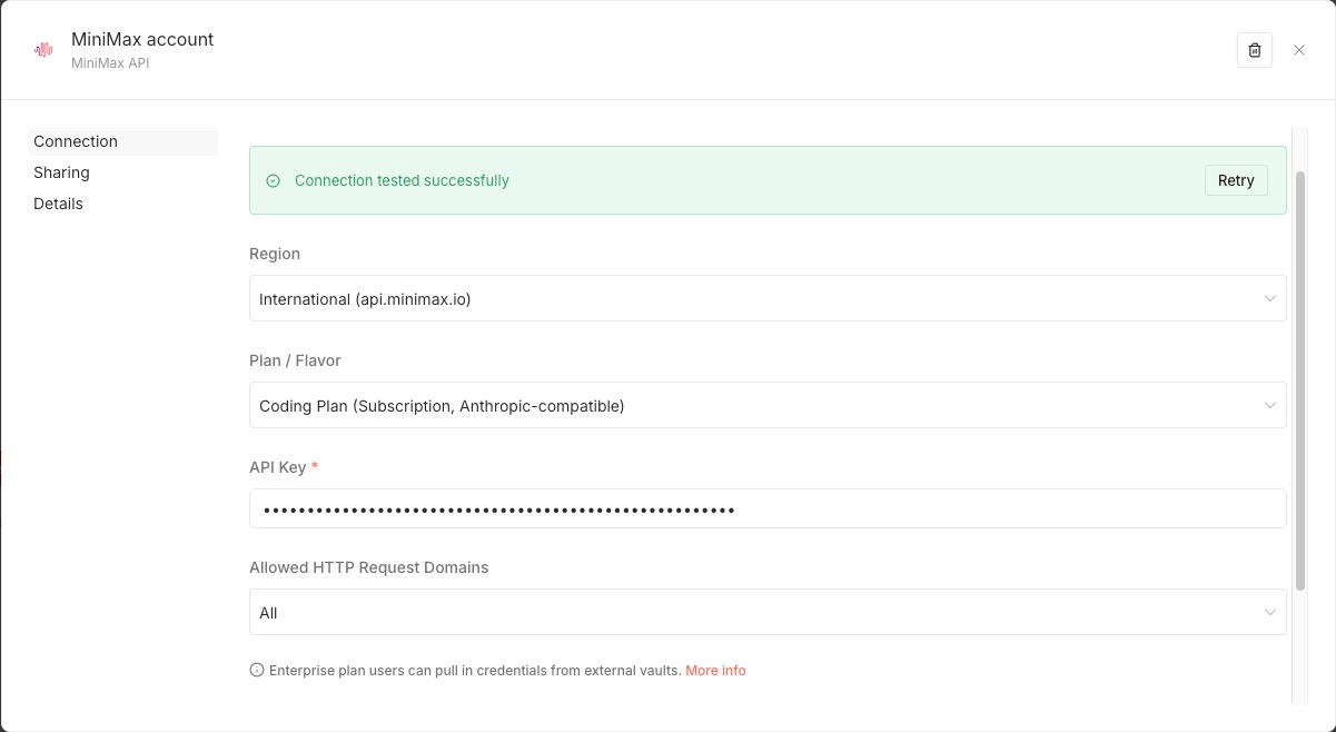 Credentials configuration with region switch and a successful connection test
