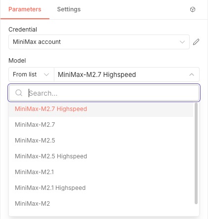 Model picker expanded — MiniMax-M2.7 variants at the top