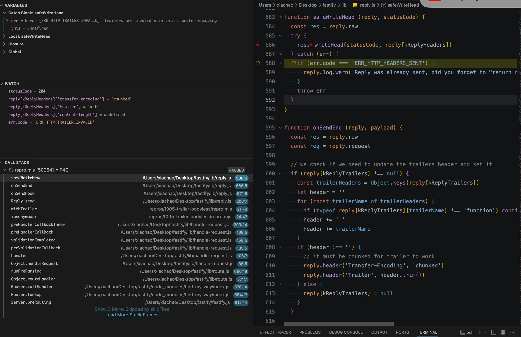 breakpoint on the writeHead call