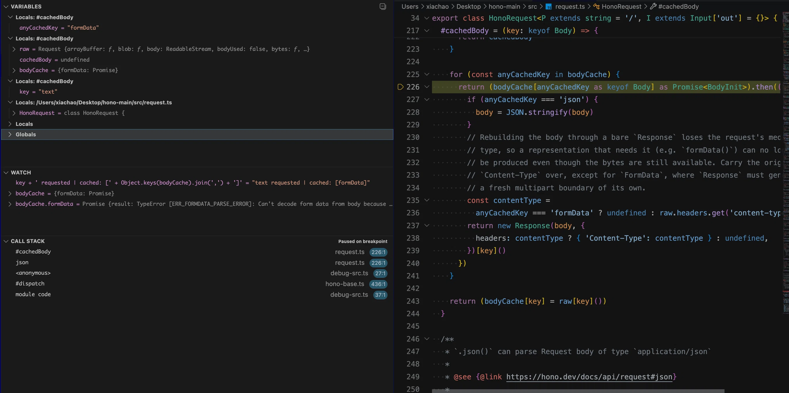 src/request.ts:226 — key = "text" but anyCachedKey = "formData", and the cached promise is rejected