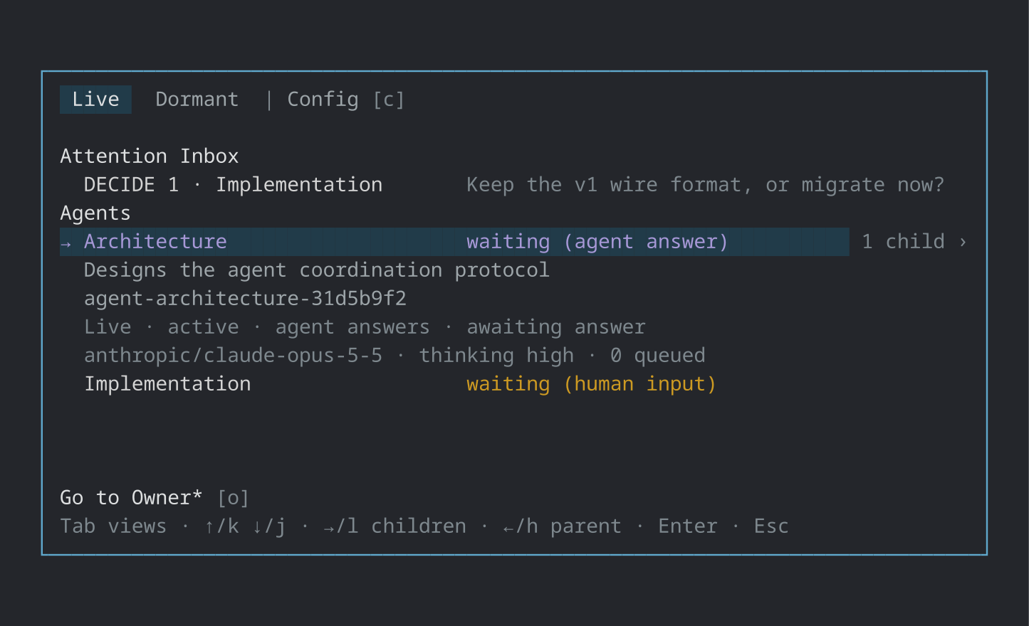 The Agent switcher overlay with an Attention Inbox Human Request above the Live Agent tree