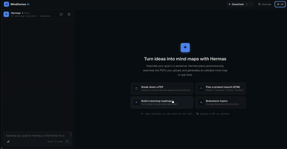 MindGenius AI — Hermas plans, then draws an editable mind map live
