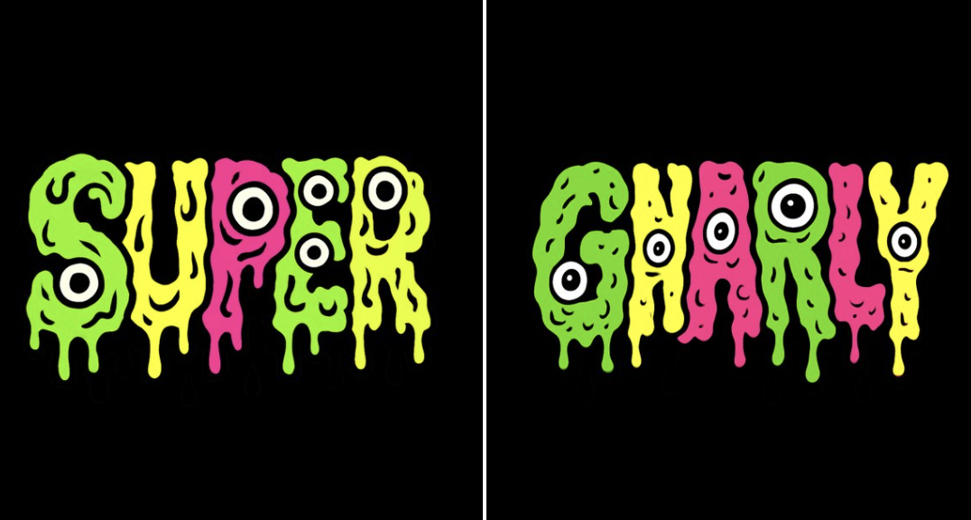 Create a psychedelic, grotesque cartoon-style text design that says “GNARLY”. Arrange the letters in a straight horiz…