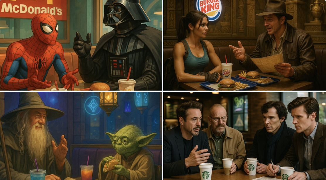 Imagine and casually sitting together at a table in a restaurant. The atmosphere is relaxed and light-hearted, with t…