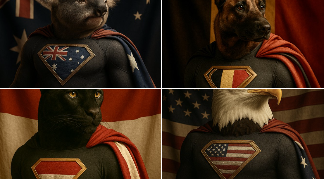 A hyper-realistic square 1:1 portrait of a standing in a heroic pose, facing slightly left. The animal wears a textur…