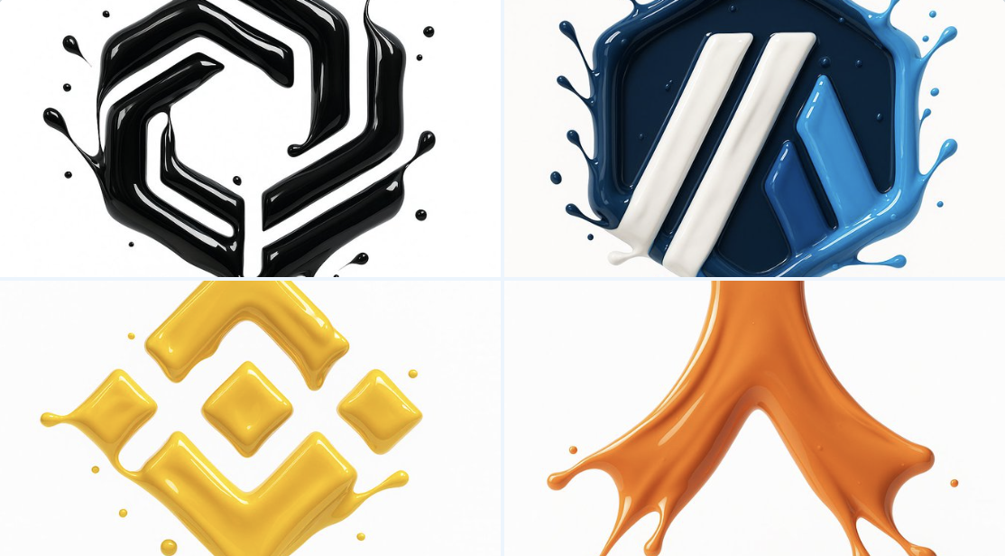 make a hyper-realistic 3D render of the attached logo, formed by glossy liquid paint splashes. Paint sculpts the outl…