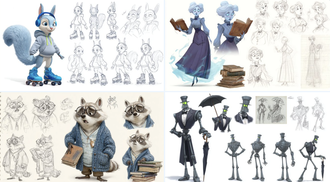 A character sheet of , in the style of Pixar, featuring multiple poses and expressions from different angles, includi…