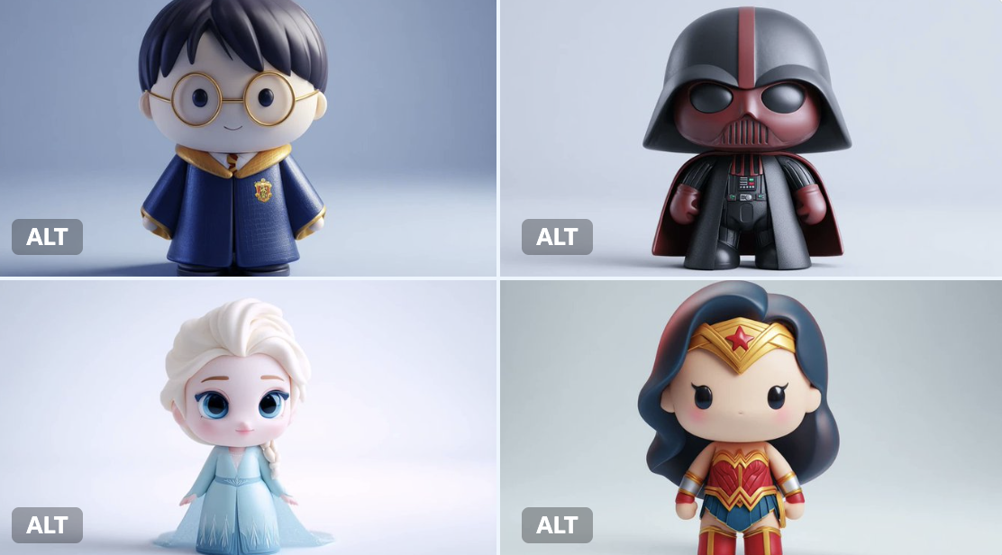 Chibi-style 3D vinyl toy of , rendered in and tones, front-facing on a white background. Minimalist composition with…