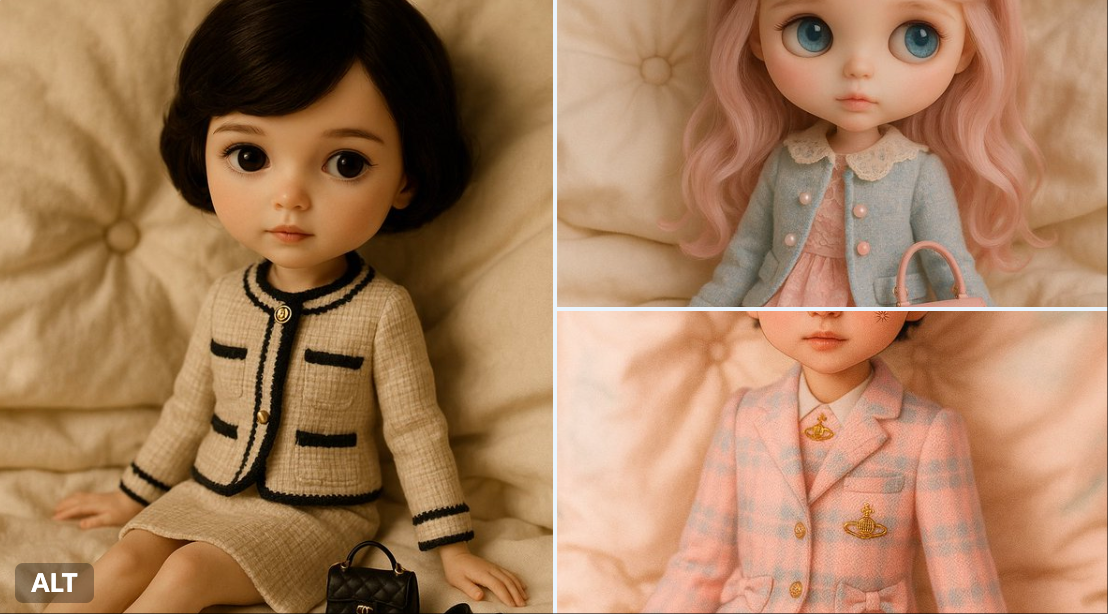 A hyper-realistic photograph of a fashion doll styled in the aesthetic of , sitting on a plush, cream-colored bed wit…