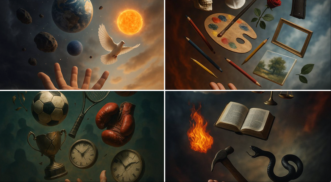 A surreal yet hyper-realistic image in levitation photography style, where elements of float chaotically and randomly…