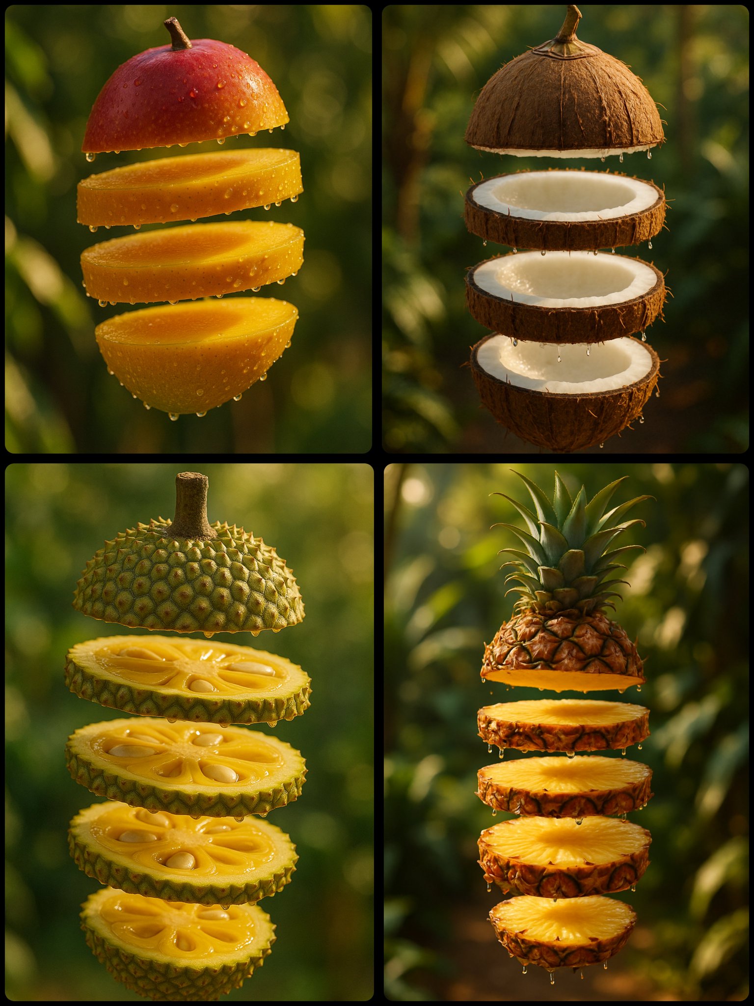 A hyper-realistic photograph of a sliced into five glossy layers, each slice floating vertically in mid-air with glis…