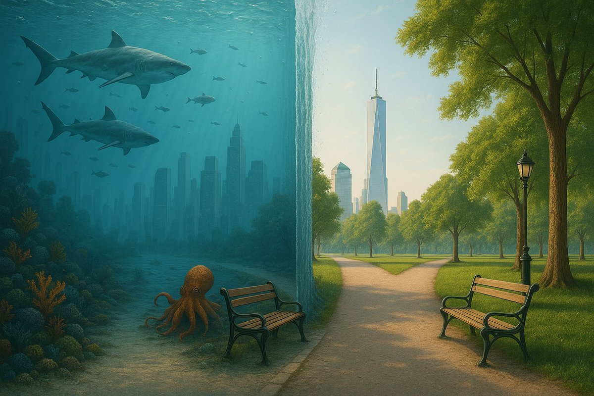 Create a surreal split-scene where the left half is an underwater version of a , filled with marine life (fish, shark…