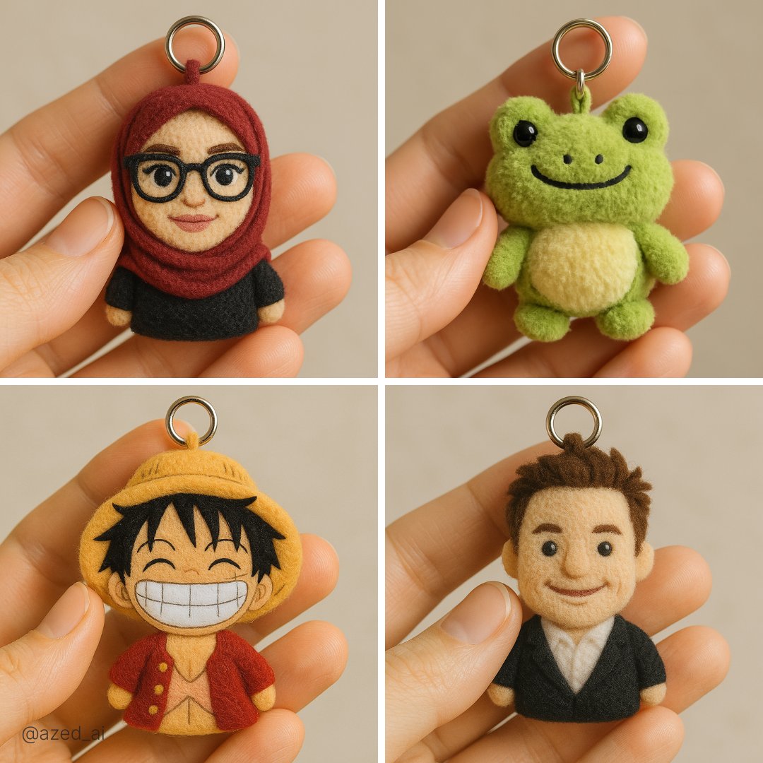 Close-up photo of a small plush keychain of held gently between two fingers, made of soft felt or fuzzy material, car…