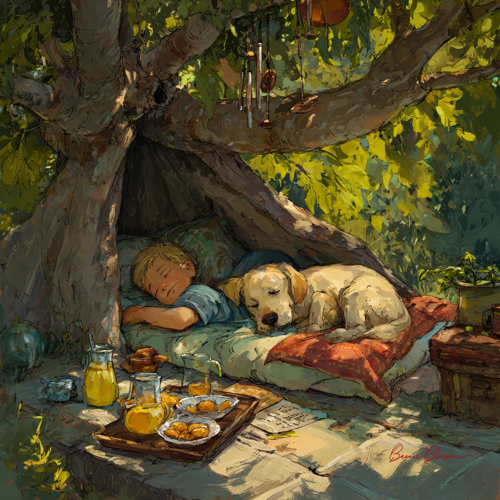 a pillow fort in the backyard, shaded by a big old tree. Sunlight filters through the leaves, and a young boy and his…