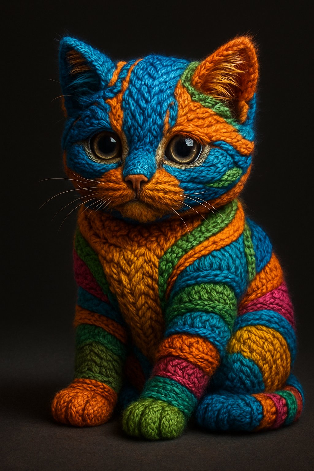 A hyper-realistic, artistic rendering of a entirely wrapped in colorful, tightly woven yarn and embroidery threads. T…
