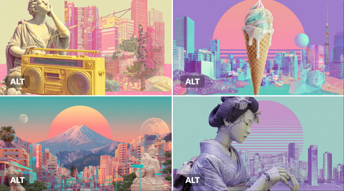 in a Surrealist Vaporwave collage. Combine elements of classical sculpture, 80s retrofuturism, and Japanese cityscape…