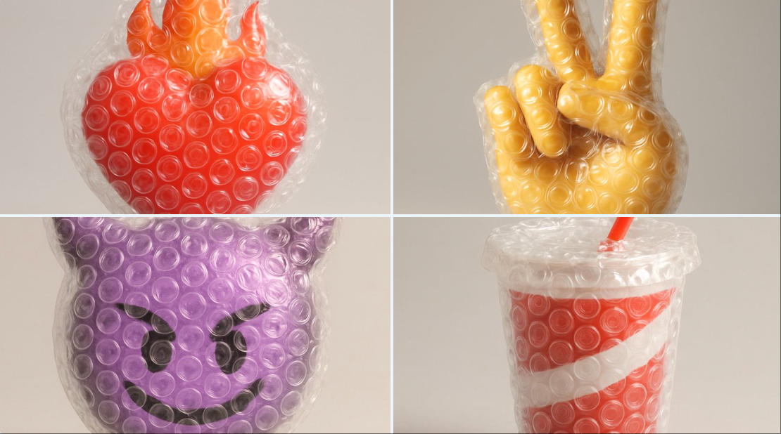 A hyper-realistic 3D render of the emoji , entirely wrapped in transparent bubble wrap. The plastic is tightly fitted…