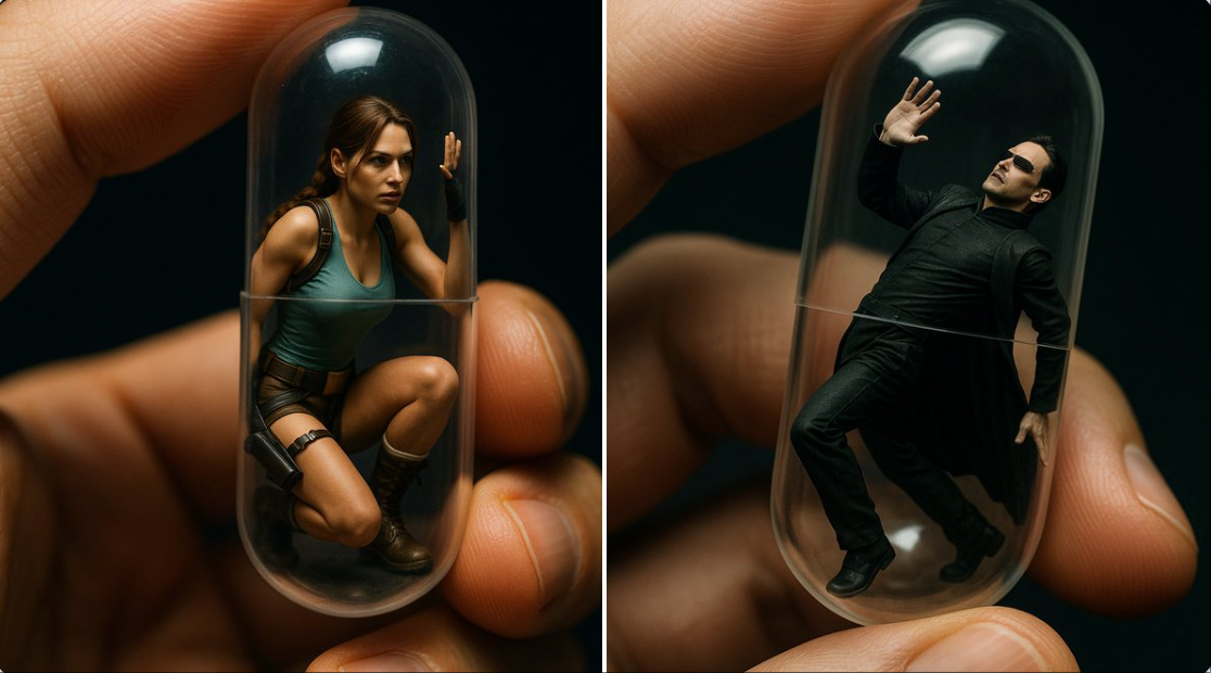 Close-up, A hand holding a transparent capsule, inside it is a miniature model of , wearing . The character is posed…