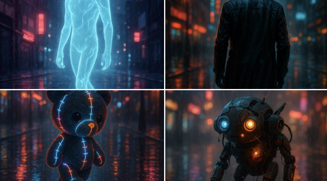 A cinematic rendering of walking through a rain-soaked street at night, illuminated by moody neon lights, reflections…