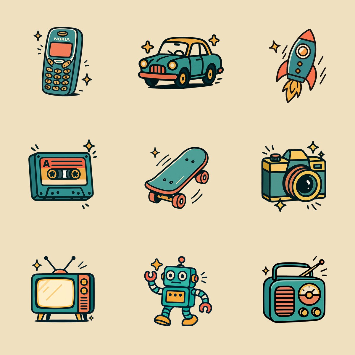Create an illustration of a in a retro cartoon style. Use only flat, solid colors with no gradients, smudging, airbru…