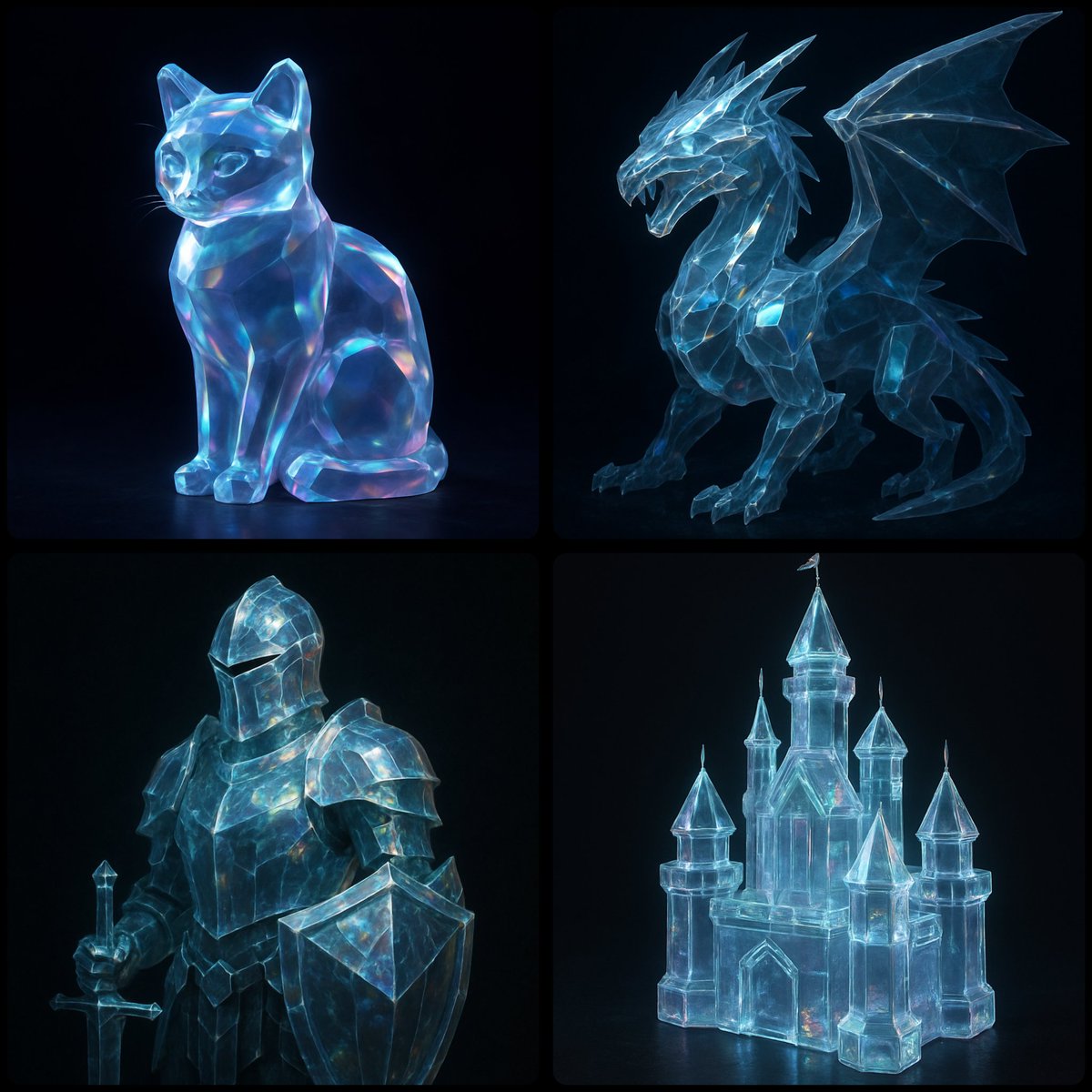 a rendered as a translucent crystalline form with beveled edges, subtly glowing from within. Surfaces catch and refle…