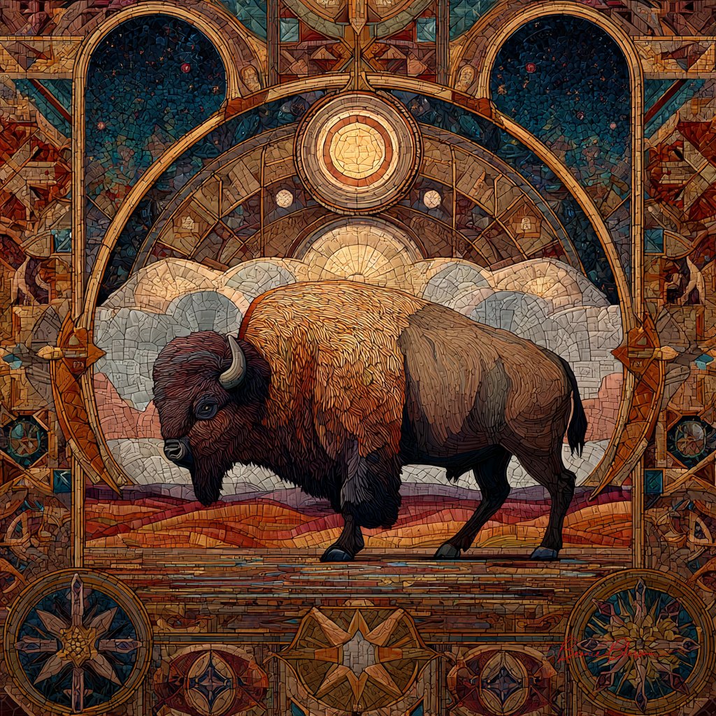 A bison in the center of an array of colorful geometric shapes, surrounded by symbols representing different aspects…