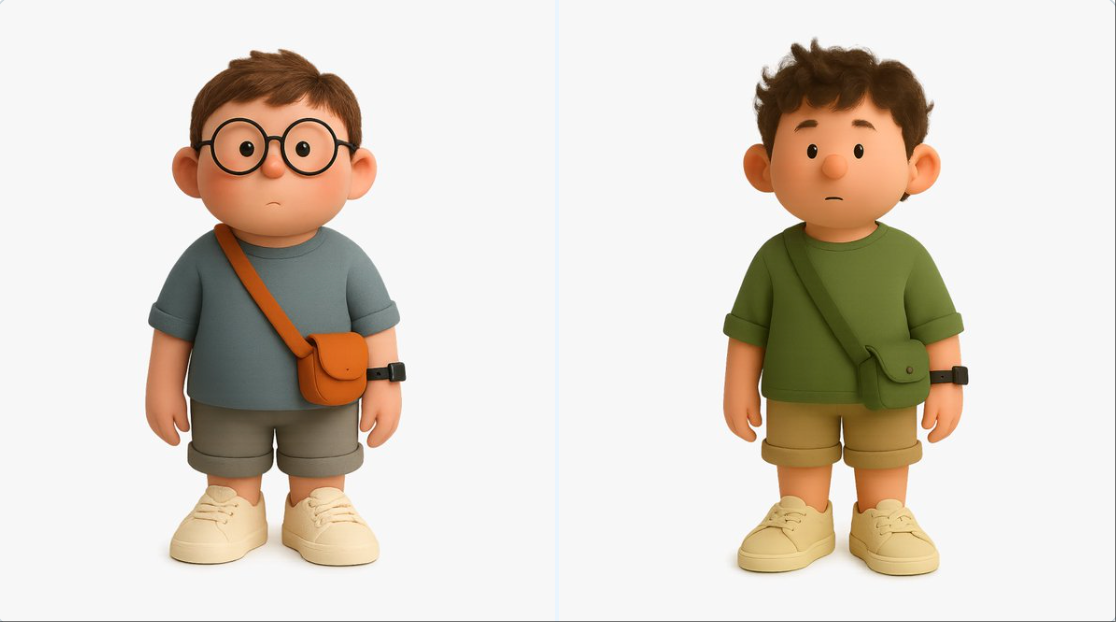 Create a 3D-rendered digital illustration of a stylized cartoon boy character, standing in a neutral pose. The charac…