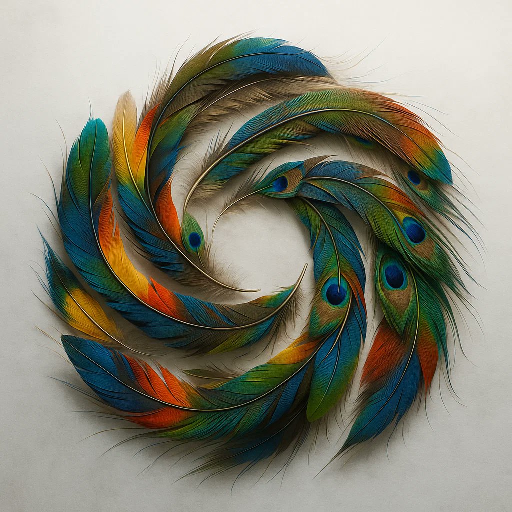 A detailed overhead shot of a fluid, colorful OpenAI logo created by arranging hundreds of naturally shed exotic bird…
