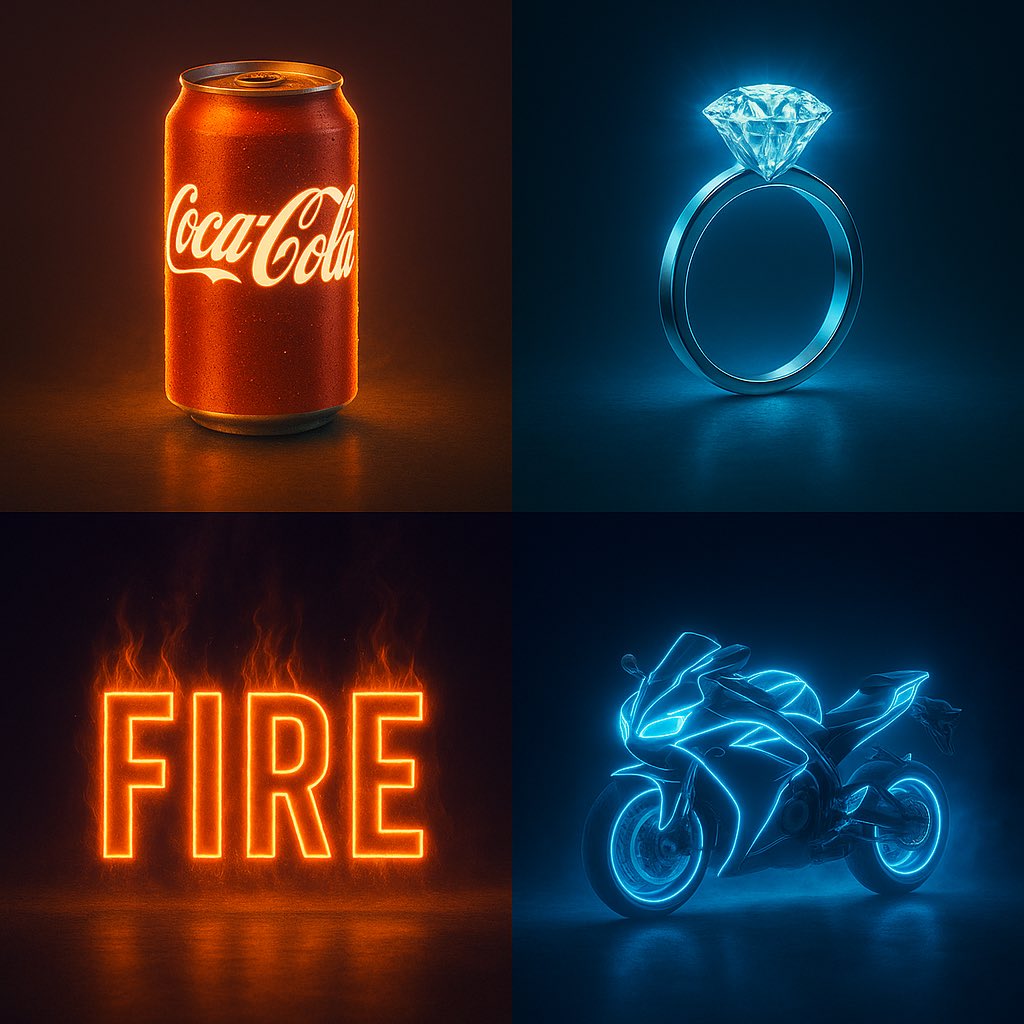 a single glowing vividly with internal neon light that matches its brand or essence — the glow must follow the object…