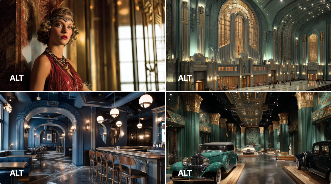 set within an Art Deco Metropolis, showcasing the grandeur and geometric elegance of 1920s architecture. Use streamli…
