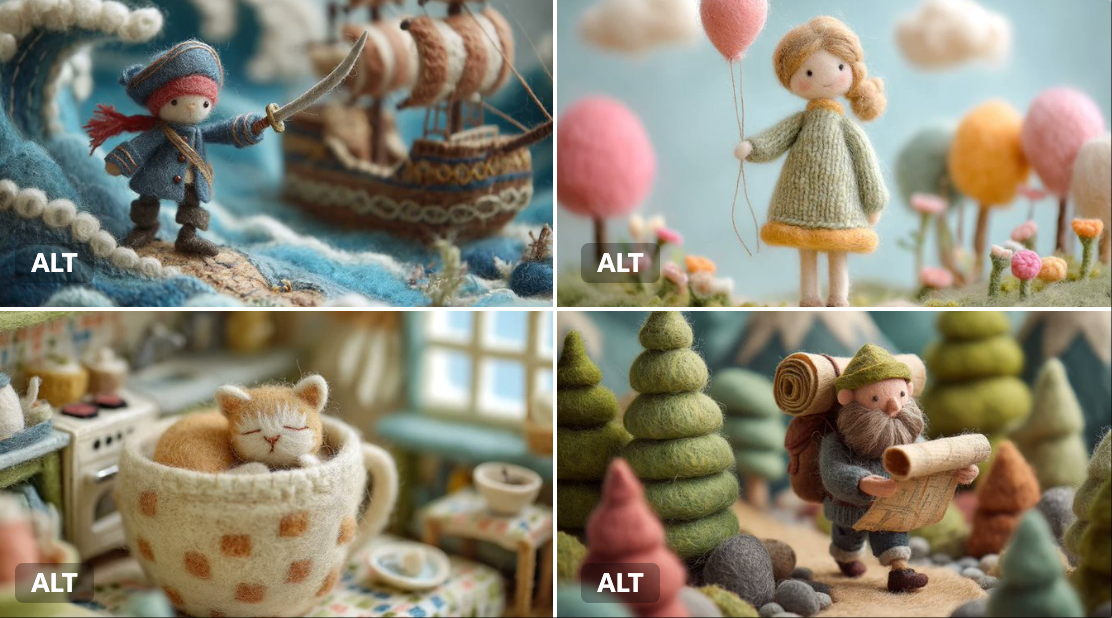 A felted wool figure of a , handcrafted with soft fibers, uneven stitching, and visible textures. Set within a miniat…