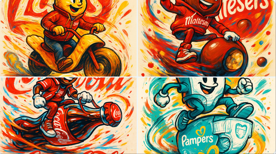 A fictional character shaped like a product, wearing clothing that reflects the brand’s identity, sitting or riding o…