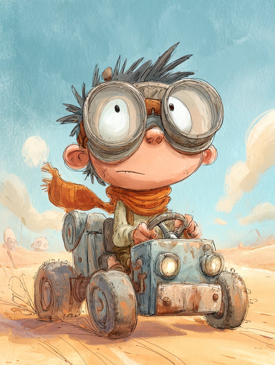 a young cartoon boy with big goggles and scarf driving a tiny makeshift vehicle in the desert, cute post-apocalyptic…
