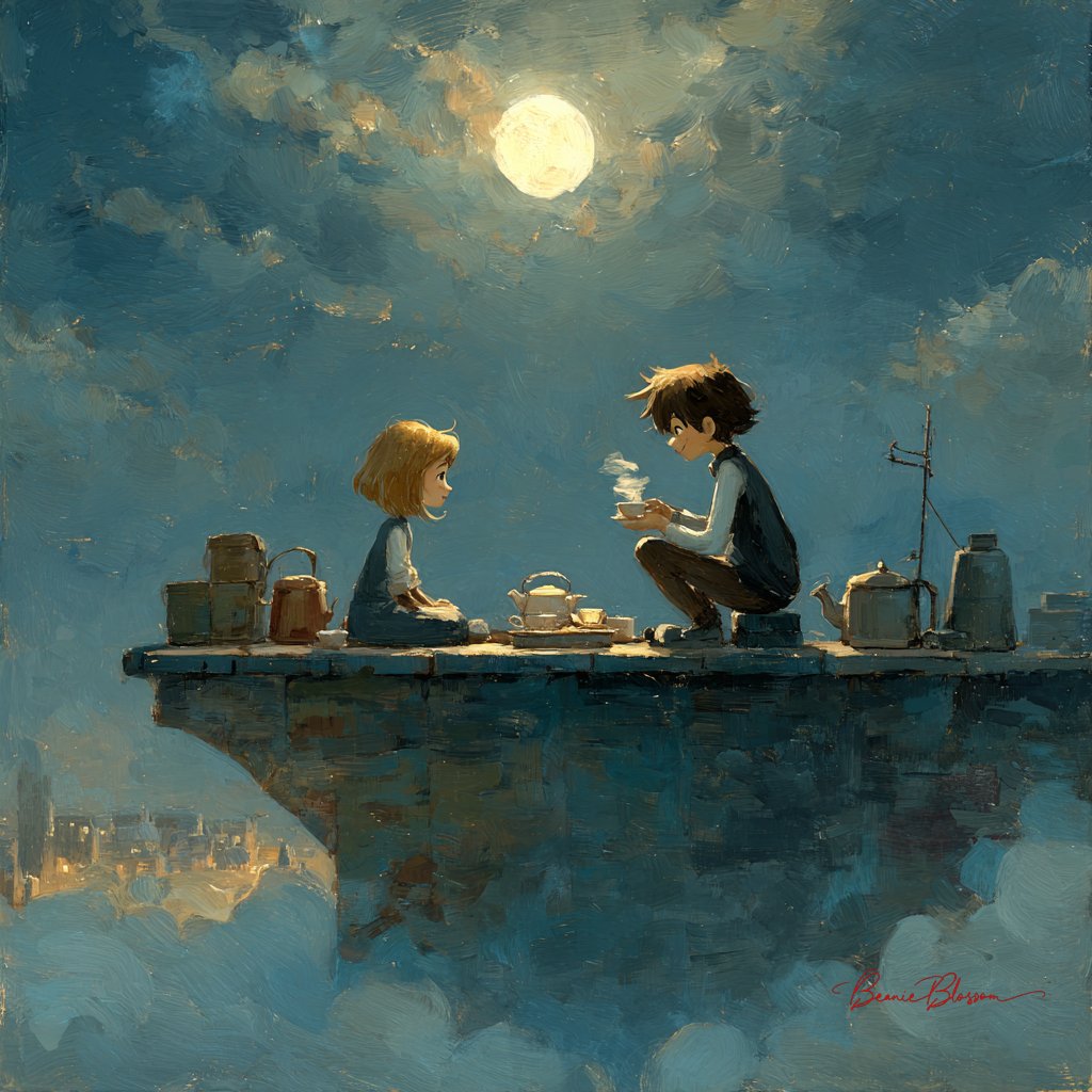 A moonlight rooftop tea party between a girl and a boy, dreamy, gentle, painterly