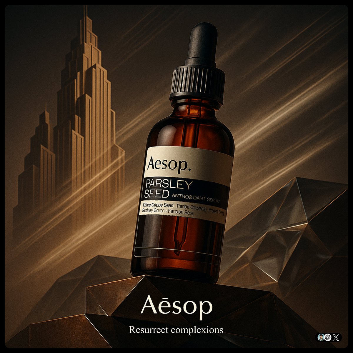 create image with 1:1 ratio ad. Ultra-high-detail product photo in a fusion of Art Deco and Futurism. The product res…