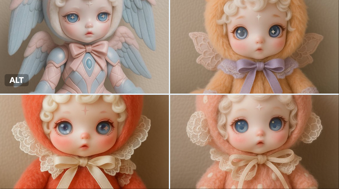 A cute designer doll styled as a . The doll has a porcelain face with blush, soft curly white hair, and large express…