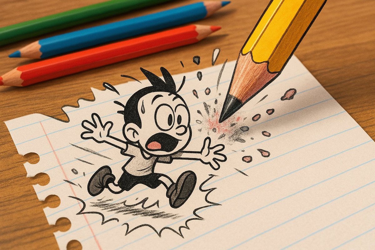 Imagine you’re a tiny cartoon character who has come to life on a piece of paper! Draw yourself running away from a g…