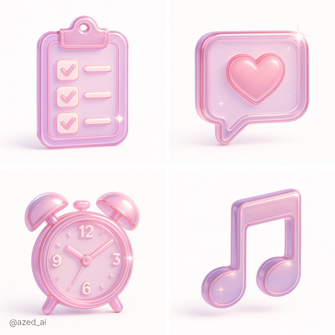 Create a 3D-rendered icon of in a dreamy, translucent, glass-like plastic material with soft pink and purple hues. gl…
