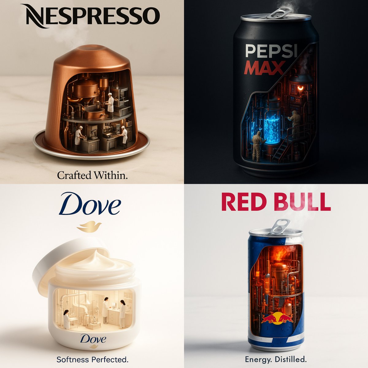 Create a hyperrealistic, surreal 1:1 advertisement for . Transform the product into a miniature industrial factory or…
