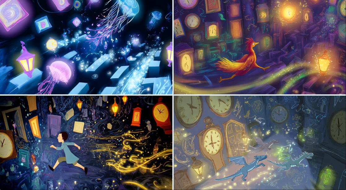 sprinting past dream elements, Storybook illustration, Maze of floating doors, clocks, and whispers, Lantern glow and…