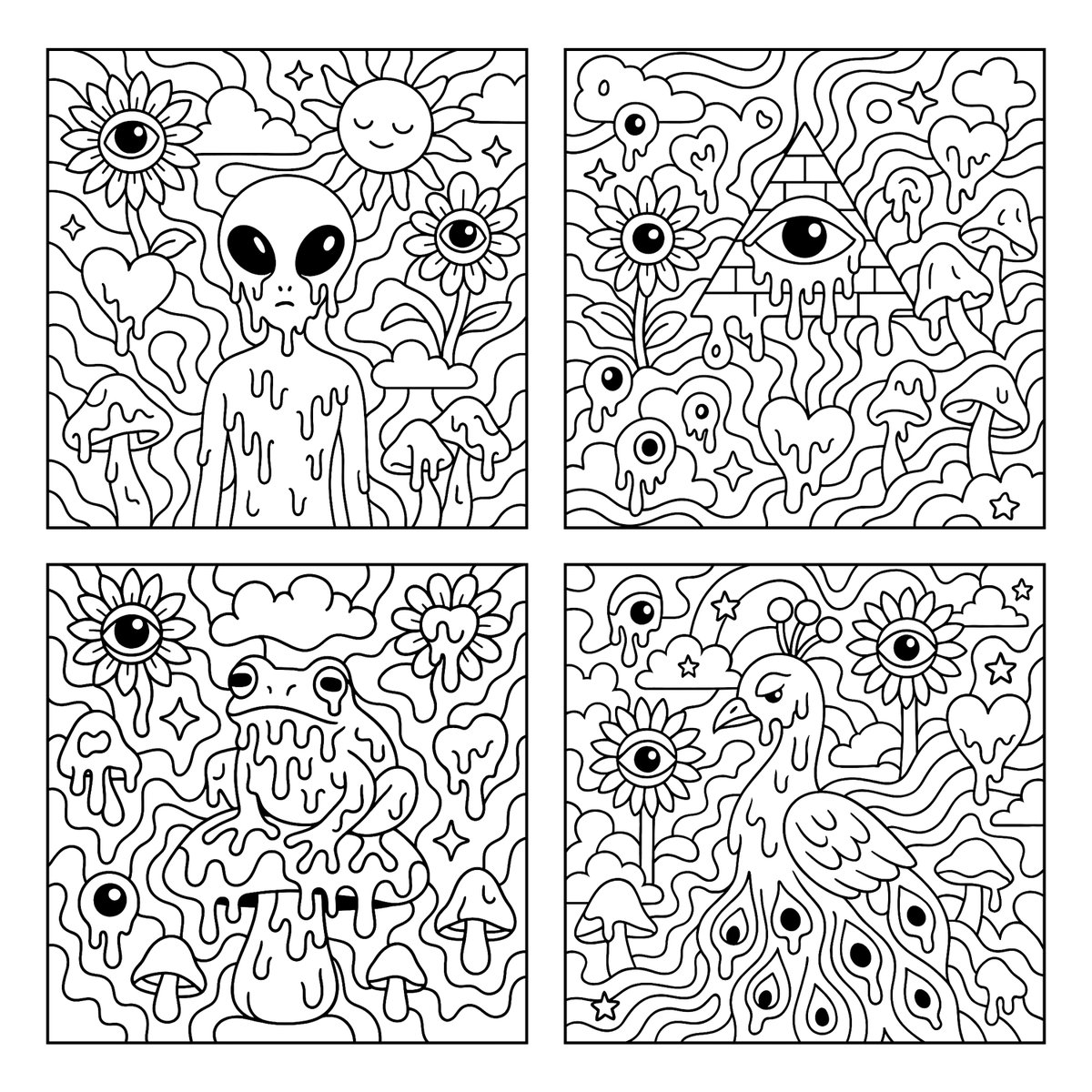 Create a psychedelic black and white coloring page featuring melting in the center, surrounded by large, playful shap…