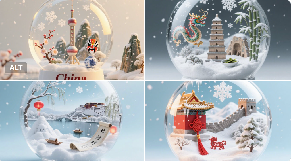 A super detailed, realistic snow globe containing the essence of . Inside the globe: miniature snowy landscapes, icon…